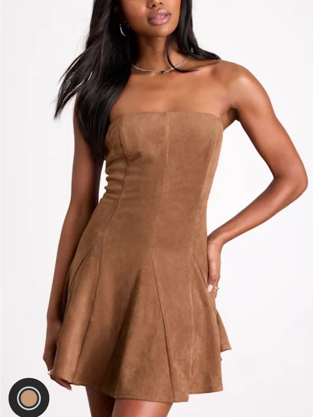 Lulu's Strapless Faux-Suede Tan Flare Dress